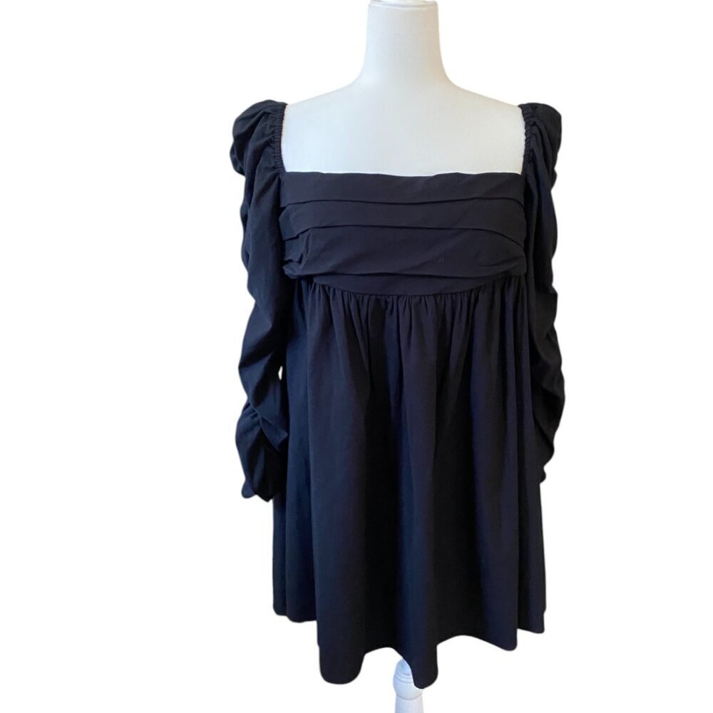 NWT Reformation Netta Square Neck Ruched Long Sleeves Babydoll Dress Black Sz 10